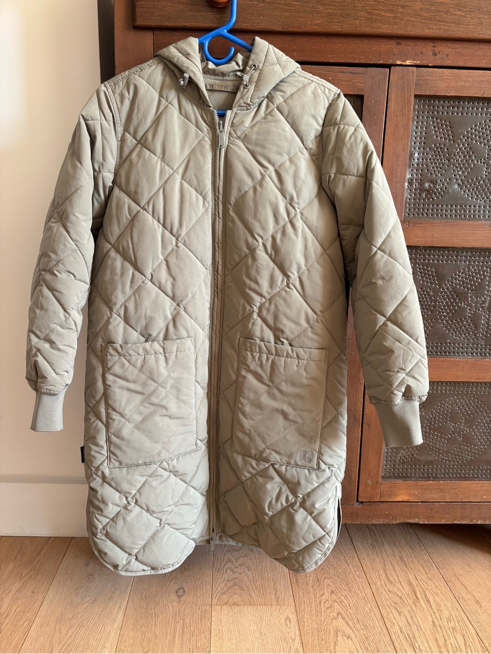 Frank & Oak Long Quilted Puffer Coat in Light Olive